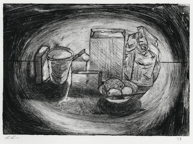 still life etching of ingredients on a table, by Lisa Chan