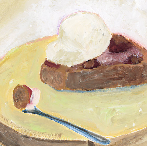 painting of a slice of strawberry cake with ice cream